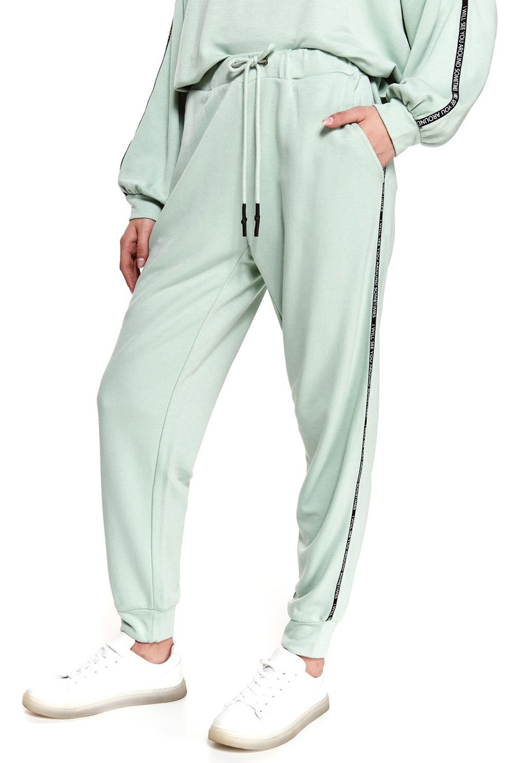 Top Secret, Pantaloni sport conici cu vipusca contrastanta, Verde pal