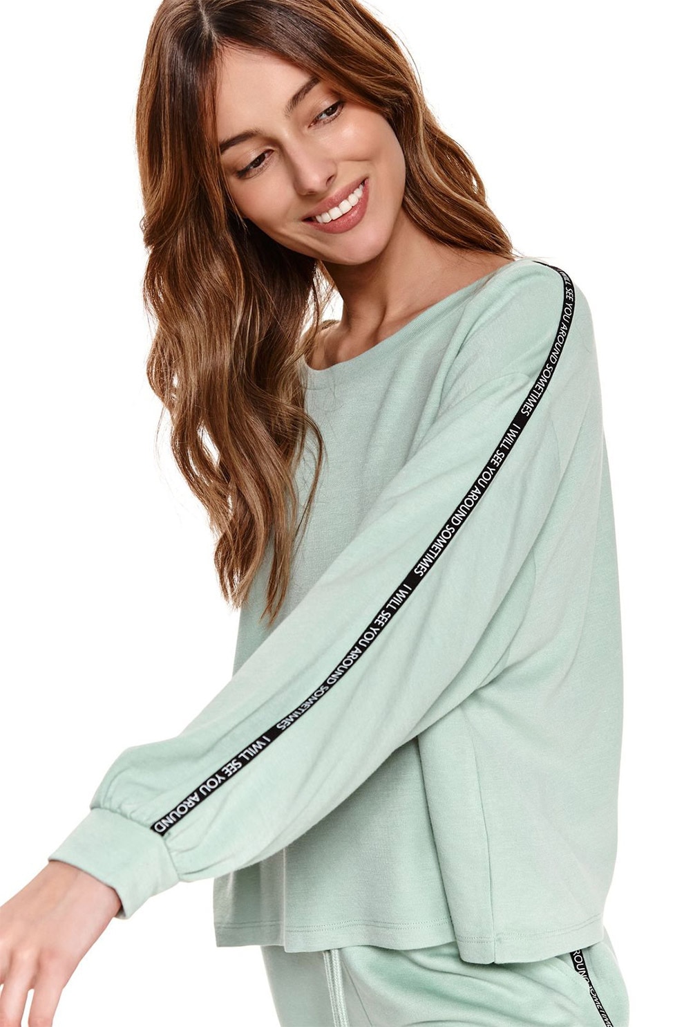 Top Secret, Bluza sport lejera cu maneci cu benzi text, Verde pal/Negru, XL