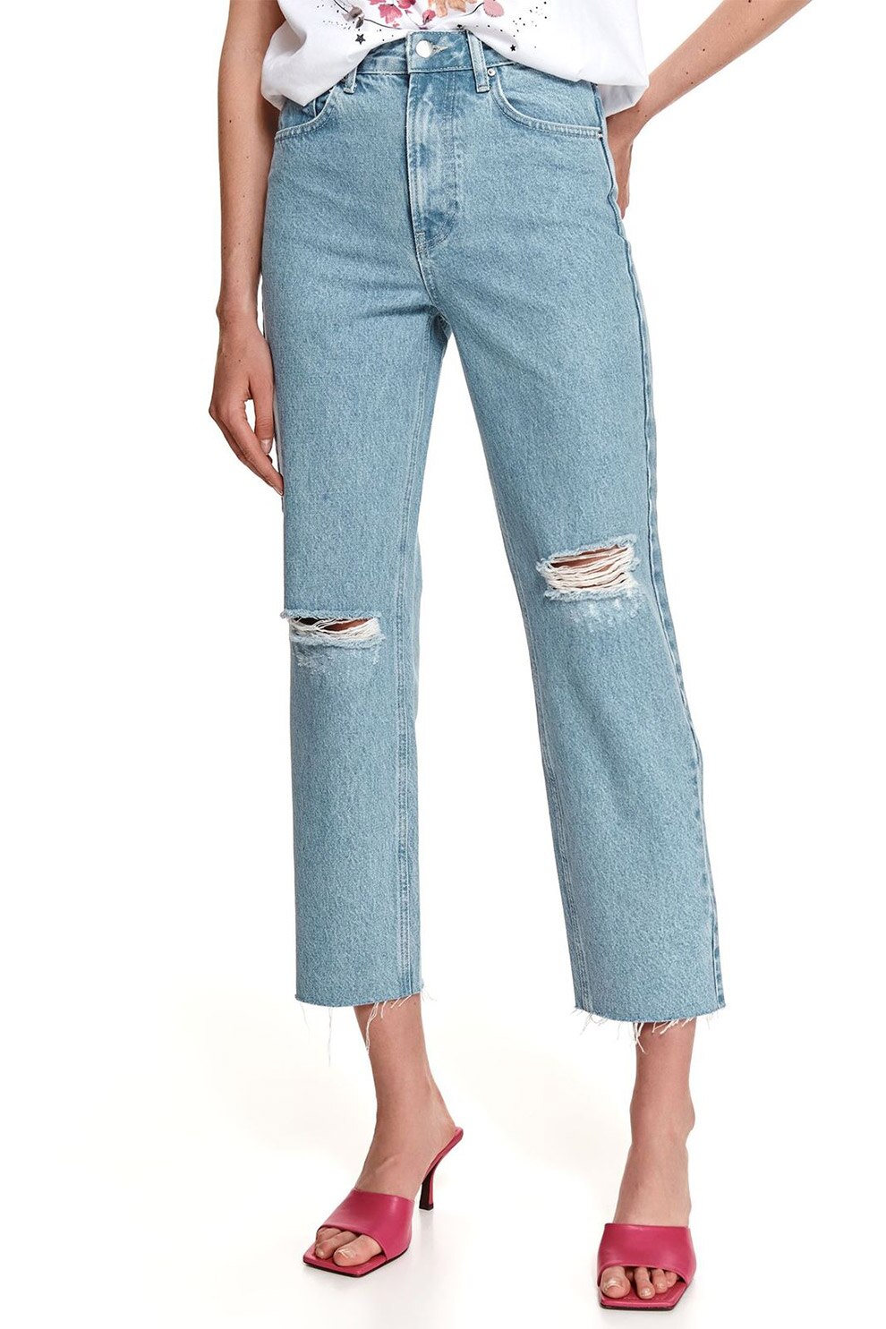 Top Secret, Blugi crop cu talie inalta, Albastru/Alb