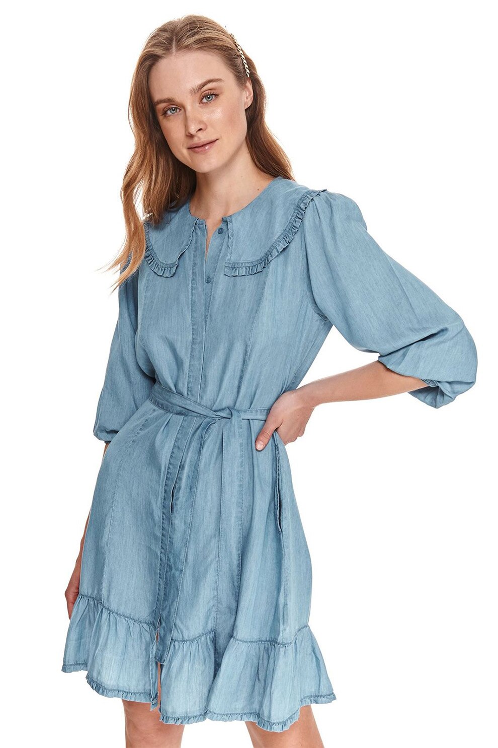 Top Secret, Rochie cu guler baby-doll si terminatie evazata, Albastru lavanda, L