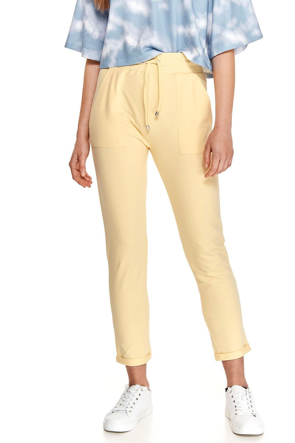 Top Secret, Pantaloni sport cu talie inalta si snur in talie, Bej