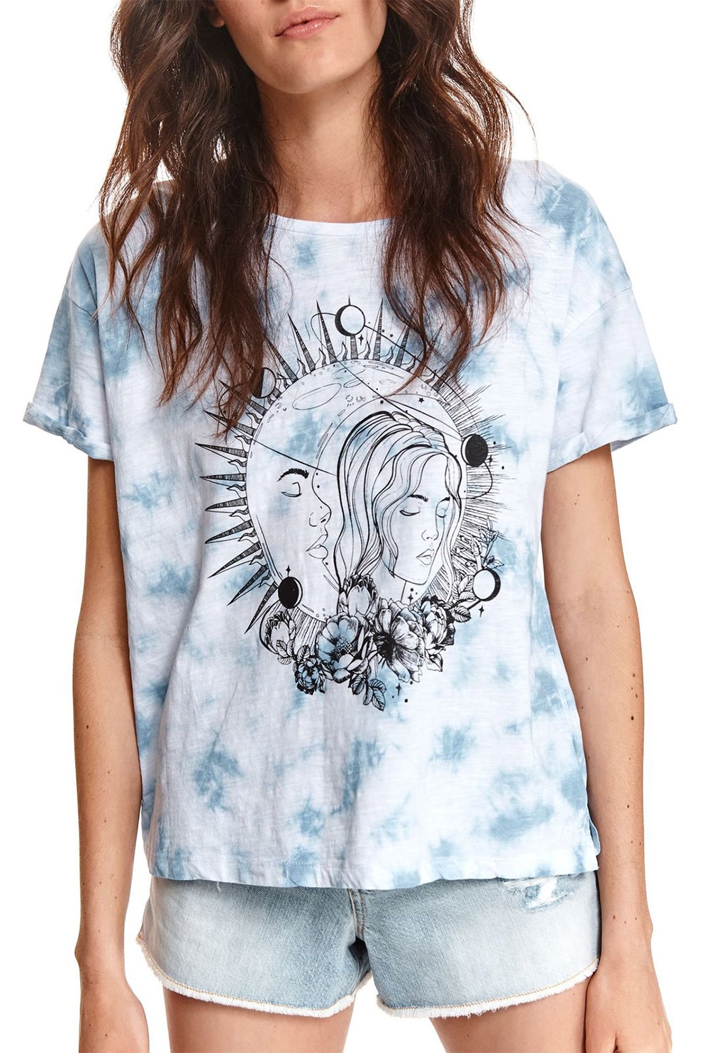 Top Secret, Tricou cu model tie-dye si decolteu rotund, Alb/Albastru, XS