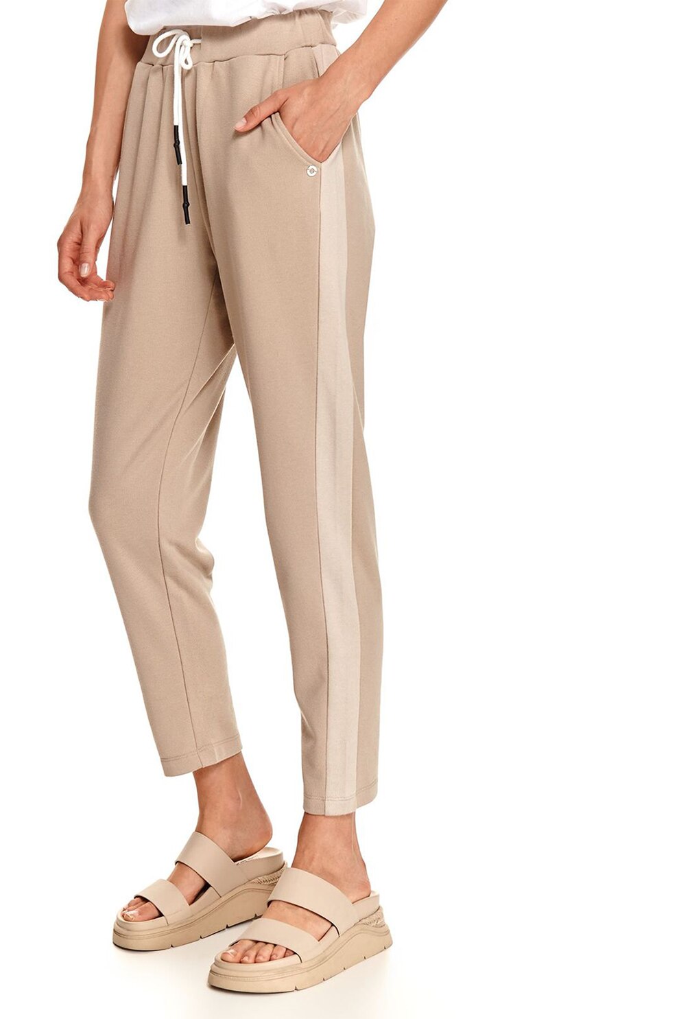 Top Secret, Pantaloni din amestec de bumbac cu aspect contrastant, Bej