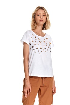 Top Secret, Tricou de bumbac cu aplicatii cu paiete, Alb/Auriu Top Secret, Tricou de bumbac cu aplicatii cu paiete, Alb/Auriu