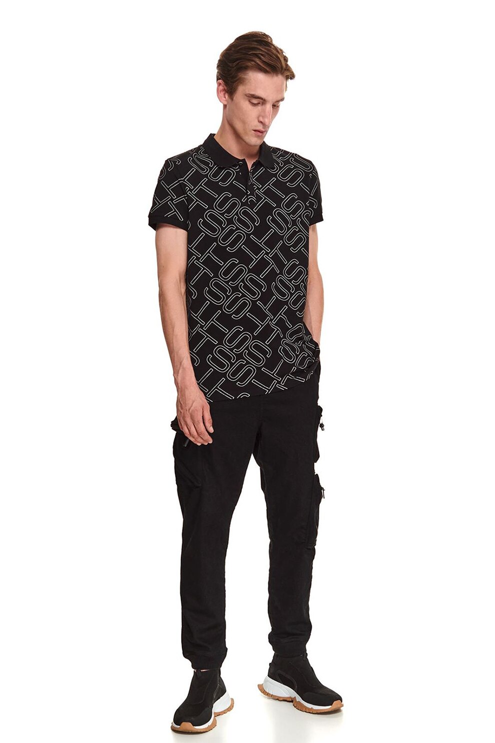 Top Secret, Tricou polo cu monograma, Negru/Alb