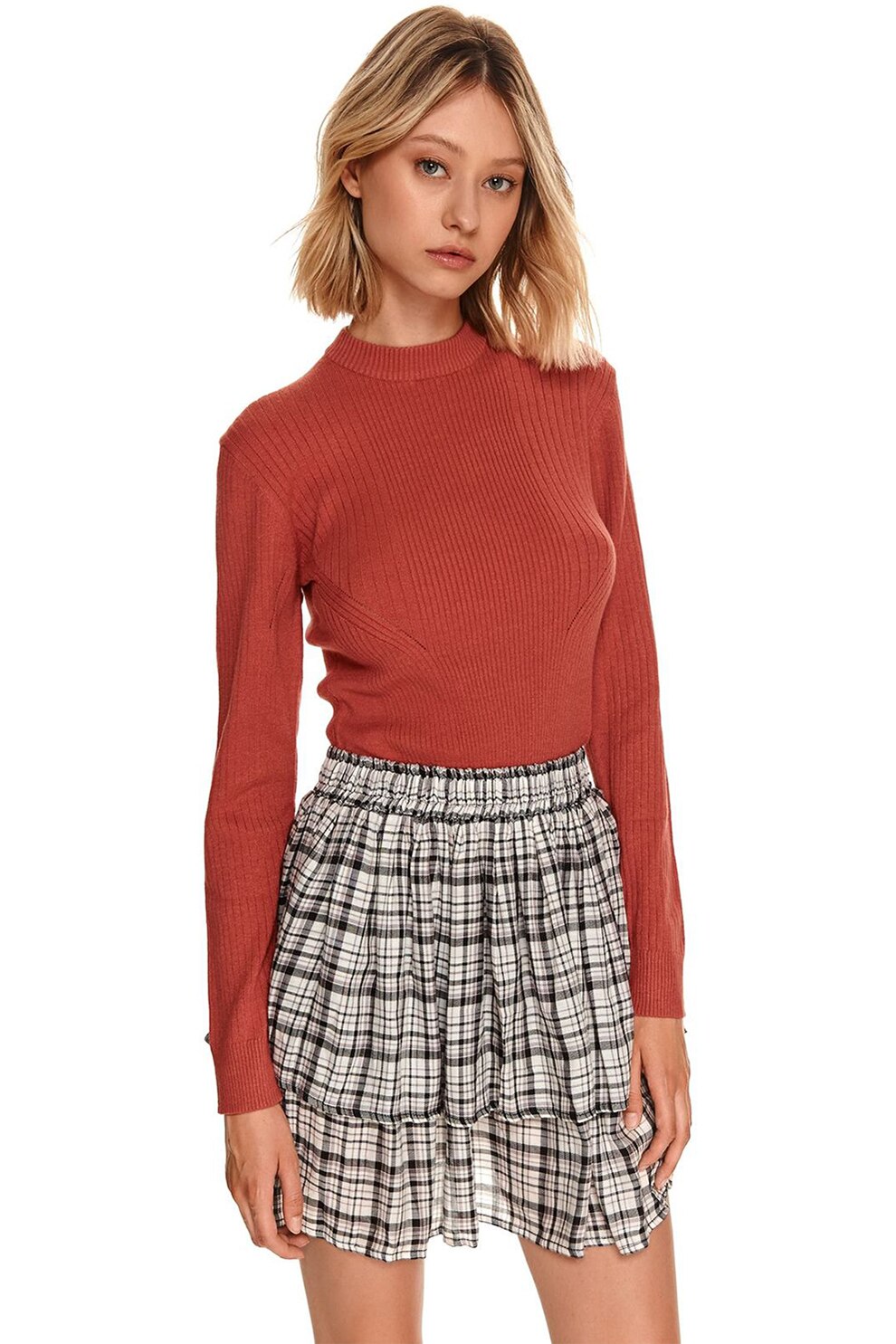 Top Secret, Pulover striat cu guler scurt, Rosu caramiziu