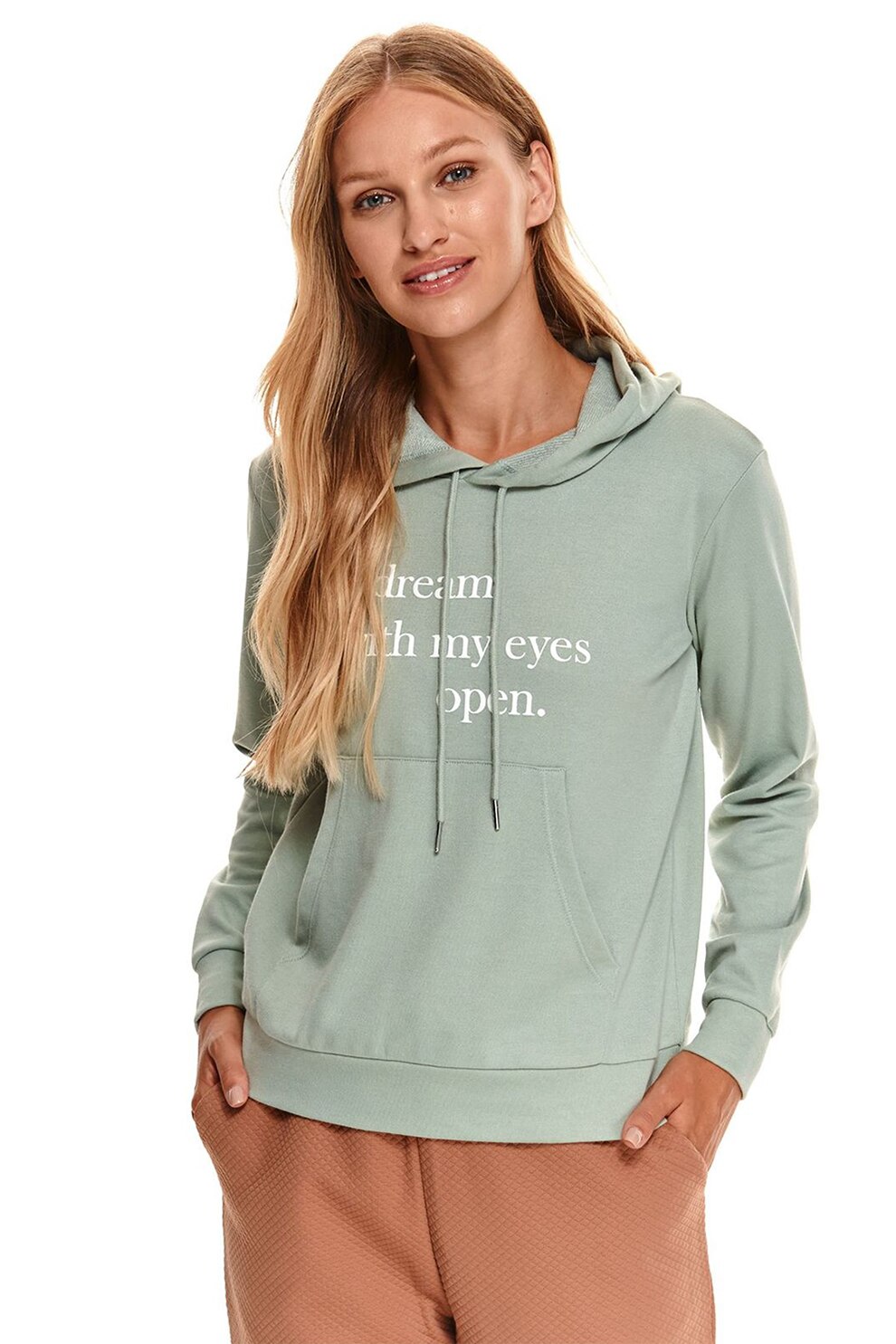 Top Secret, Hanorac cu imprimeu text si buzunar kangaroo, Verde pal