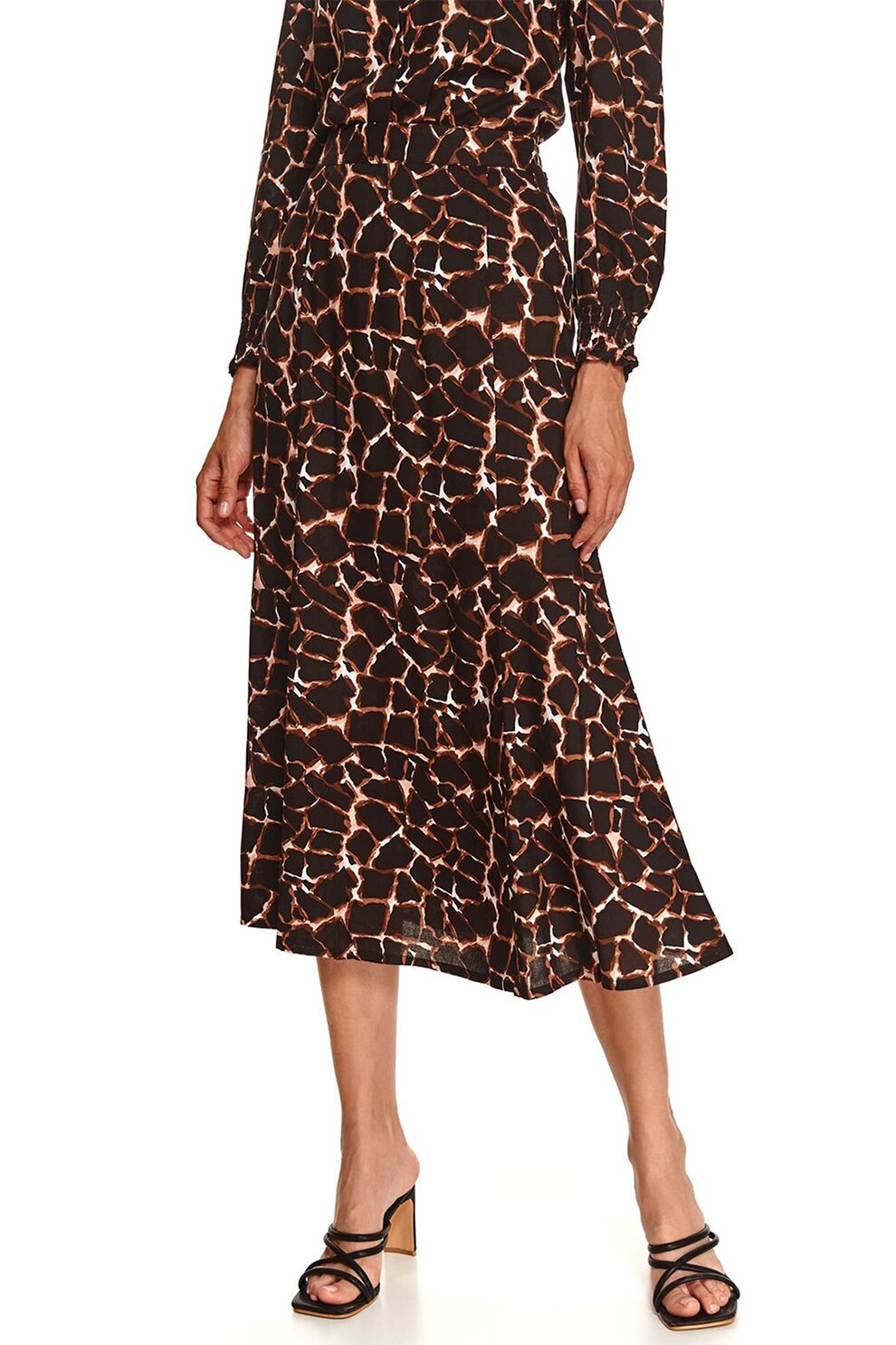 Top Secret, Fusta cu talie inalta si animal print, Negru/Maro