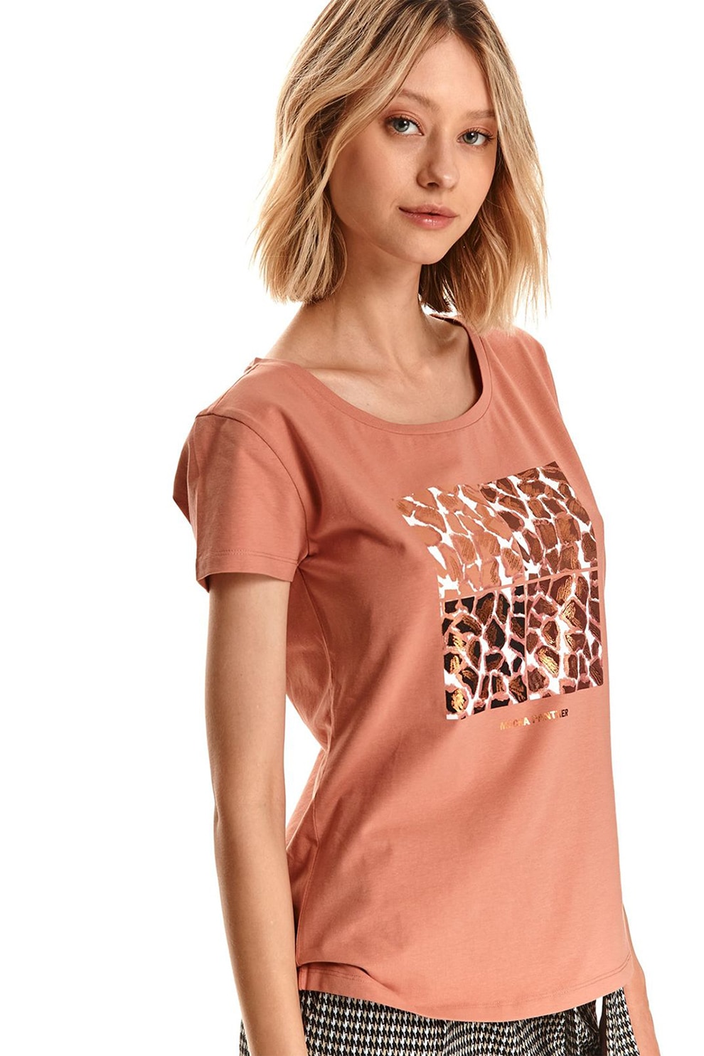 Top Secret, Tricou cu decolteu la baza gatului si animal print, Roz