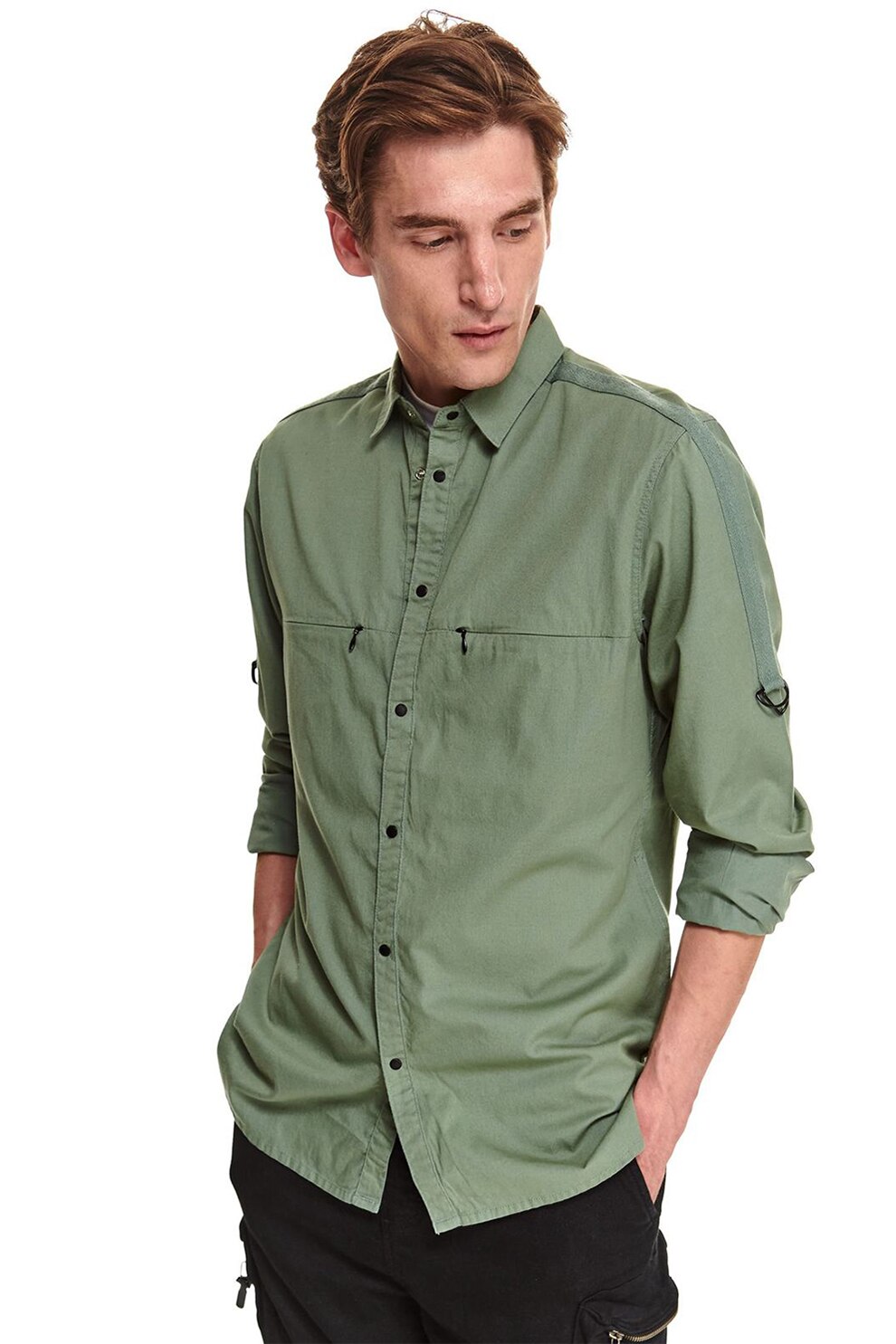 Top Secret, Camasa de bumbac cu buzunare cu fermoar, Verde feriga