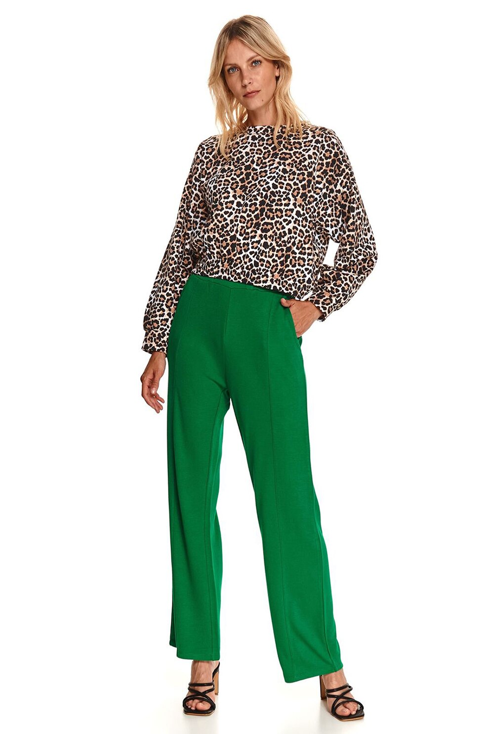 Top Secret, Bluza cu animal print si maneci bufante, Bej/Negru