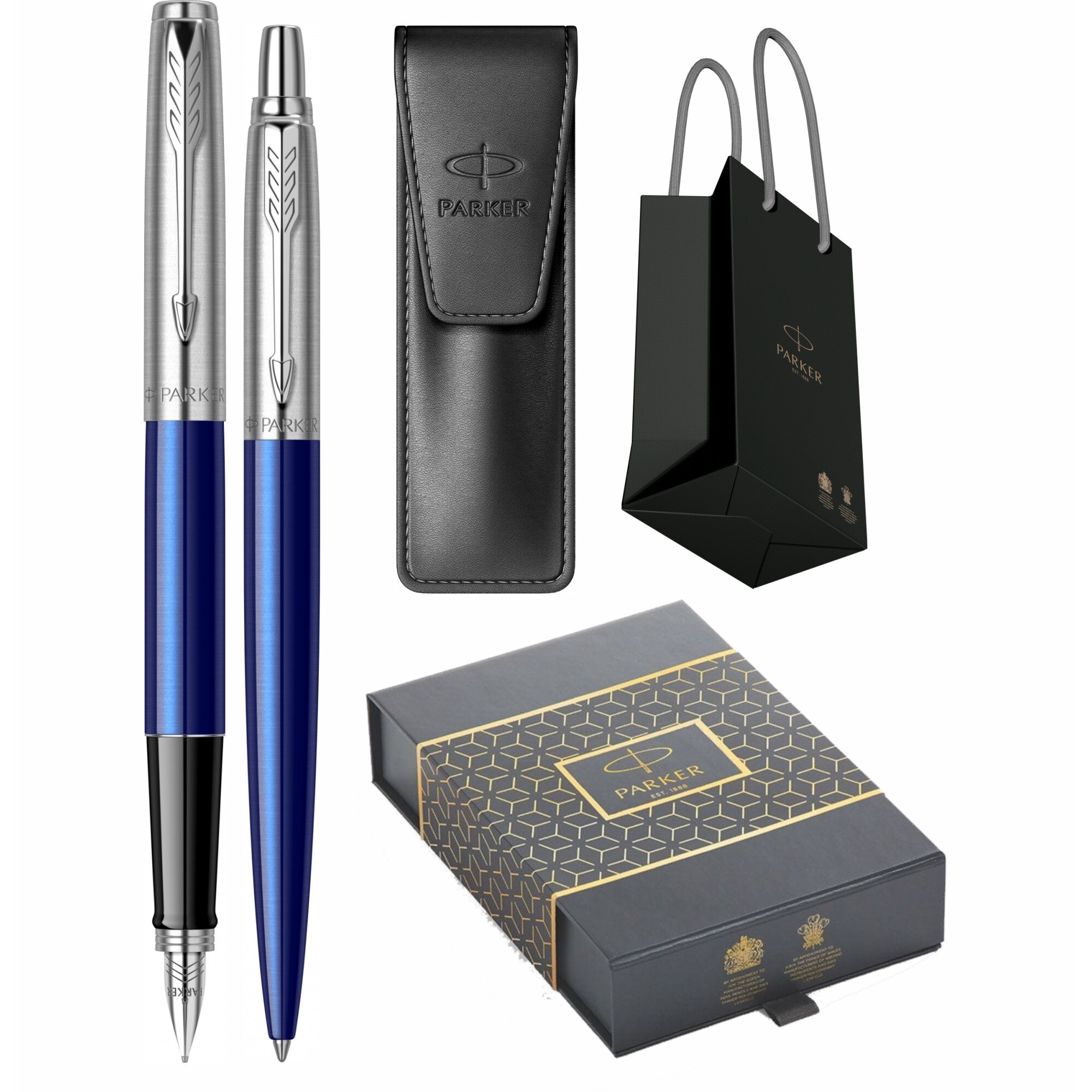 Set Stilou Pix Personalizat prin Gravura Laser Parker Jotter Royal Blue CT in cutie duo, cu etui Leather Black si punga