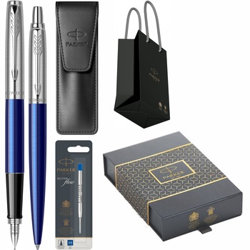 Set Stilou si Pix Personalizat prin Gravura Laser Parker Jotter Royal Blue CT in cutie duo, cu etui Leather Black, mina rezerva pix si punga Set Stilou si Pix Personalizat prin Gravura Laser Parker Jotter Royal Blue CT in cutie duo, cu etui Leather Black, mina rezerva pix si punga
