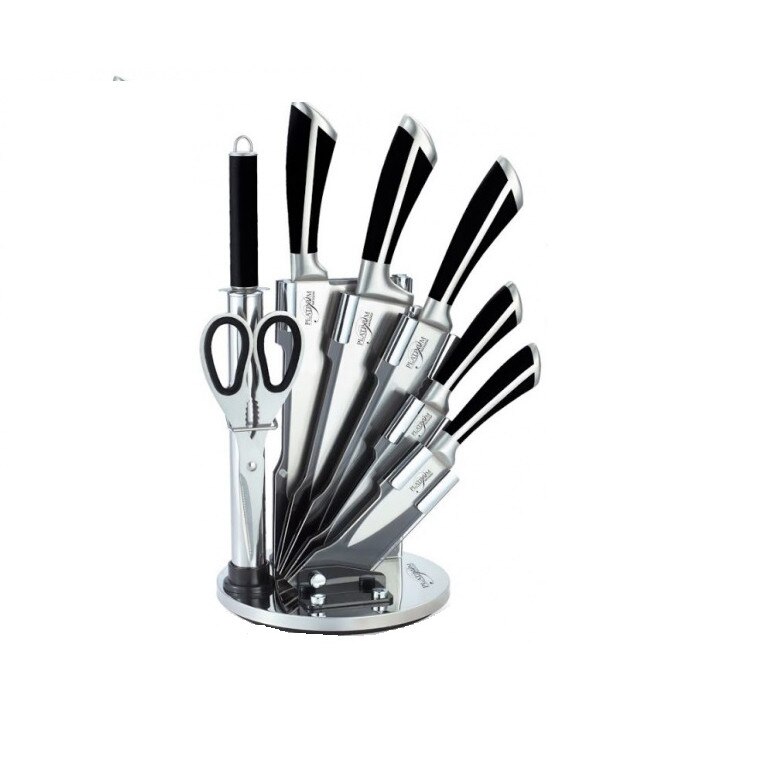 Set cutite din inox pe suport rotativ Platinum, 8 piese, Silver/Black