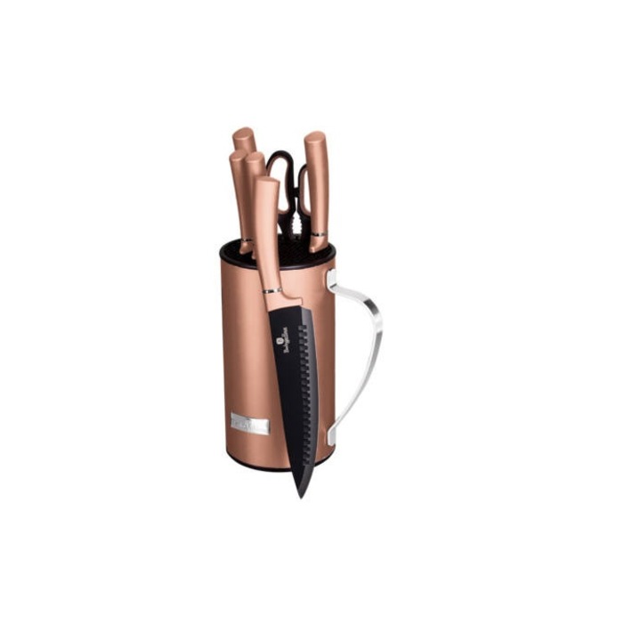 Set cutite cu suport BERLINGER HAUS BH 2583, 7 piese, Metallic Rosegold Line