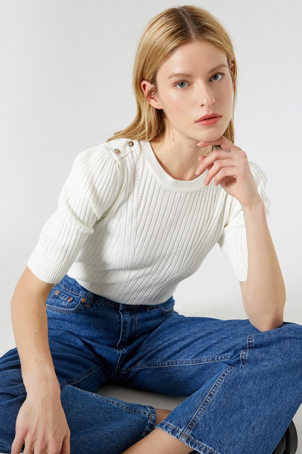 KOTON, Pulover striat cu maneci medii, Alb