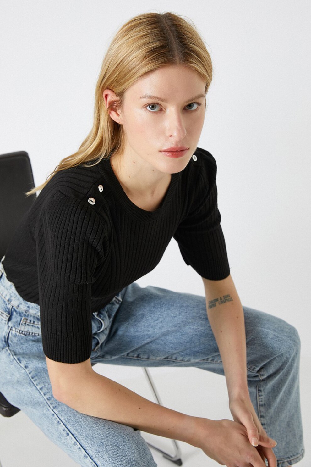 KOTON, Pulover striat cu maneci medii, Negru