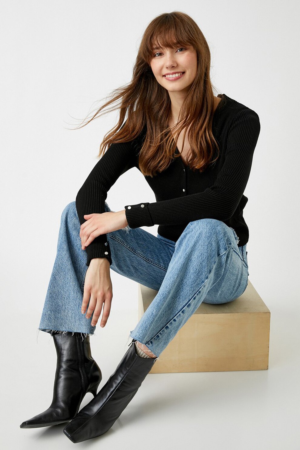 KOTON, Cardigan cu decolteu in V si aspect striat, Negru