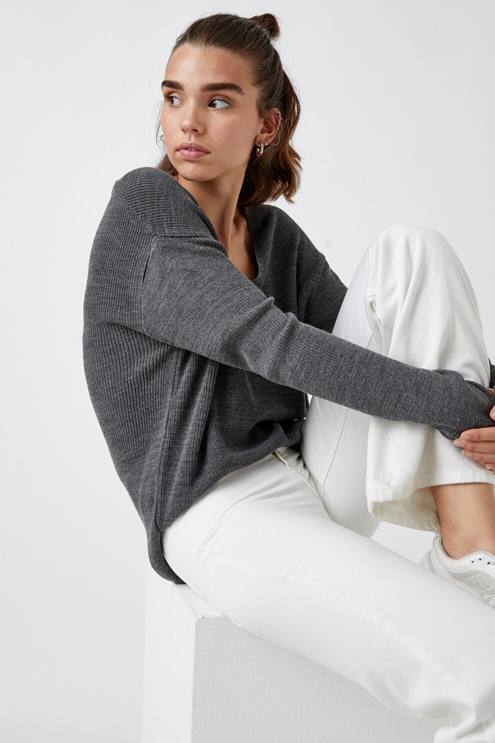 KOTON, Pulover cu model lung si slituri laterale, Gri inchis melange