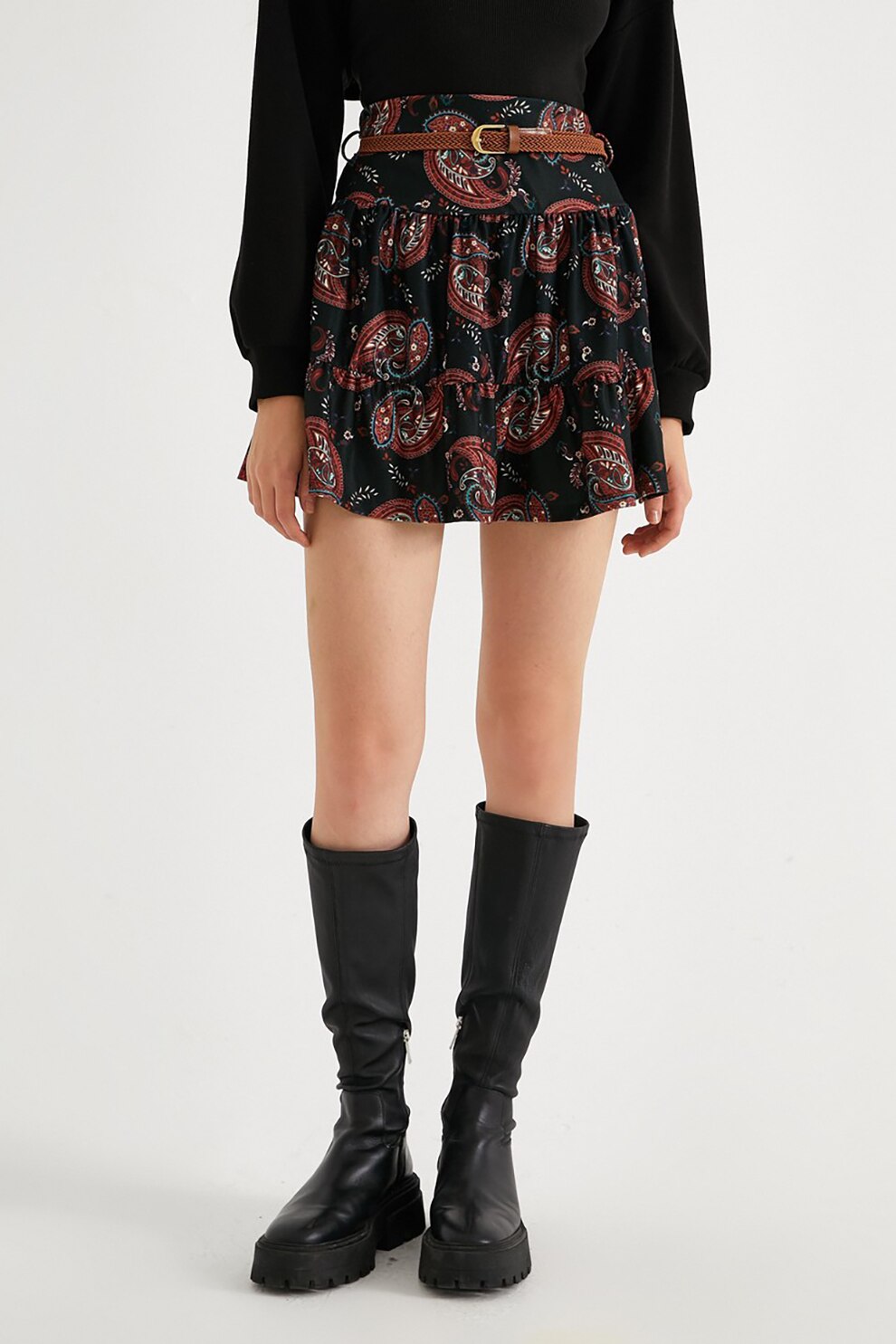 KOTON, Fusta mini cu talie inalta si curea, Negru/Rosu caramiziu