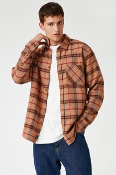 KOTON, Camasa cu buzunar pe piept si model in carouri, Oranj/Rosu Bordeaux KOTON, Camasa cu buzunar pe piept si model in carouri, Oranj/Rosu Bordeaux