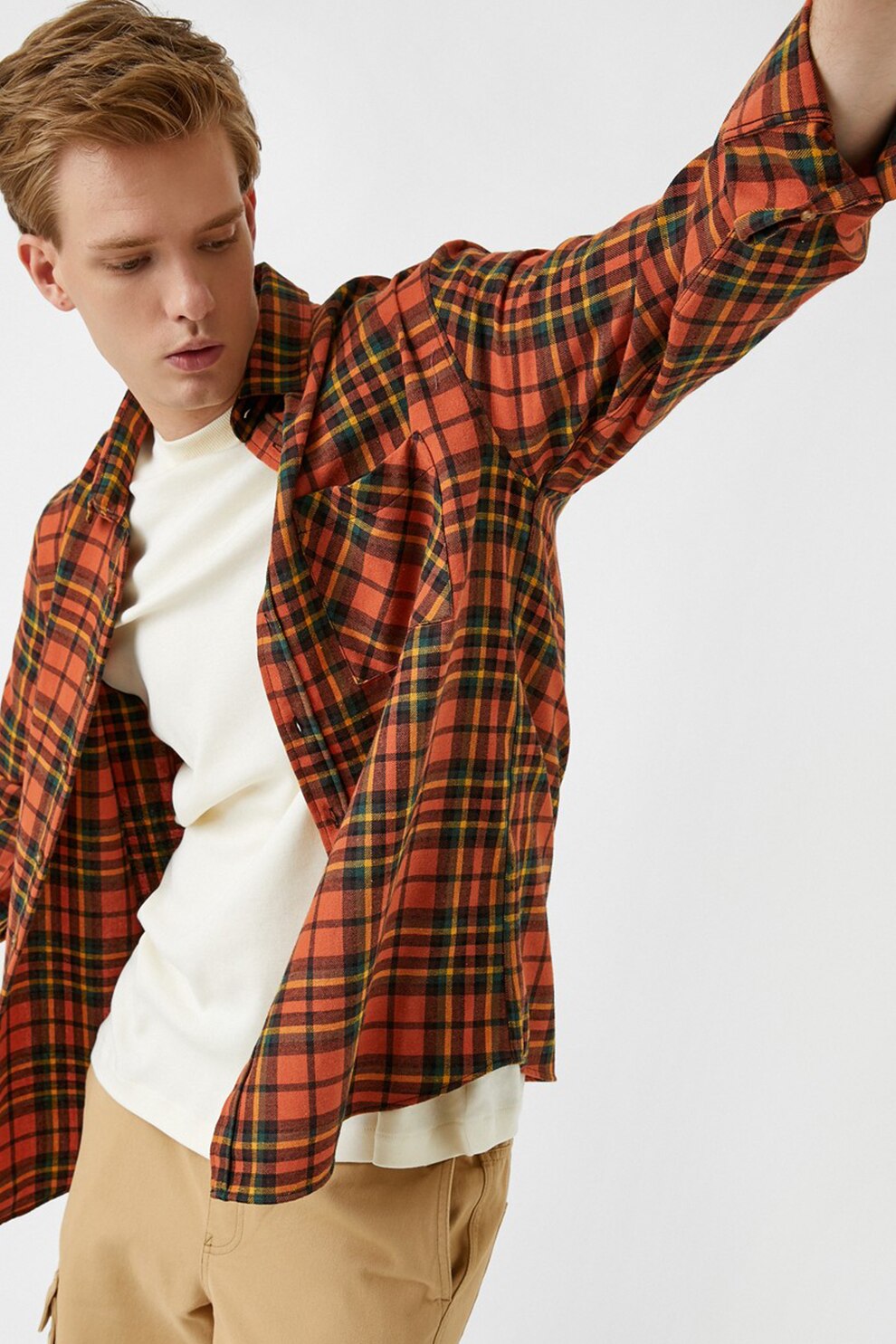 KOTON, Camasa cu buzunar pe piept si model in carouri, Oranj/Verde/Galben