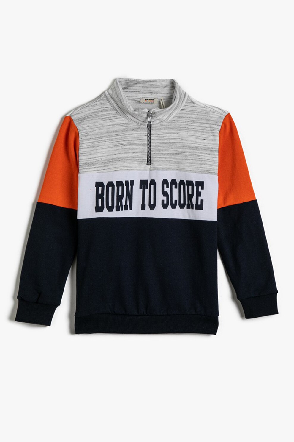 KOTON, Bluza sport cu model colorblock si imprimeu text, Gri melange/Bleumarin/Oranj