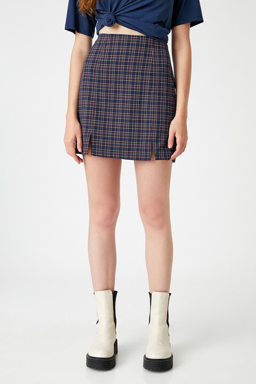 KOTON, Fusta cu talie inalta, model in carouri si slituri laterale, Bleumarin/Rosu bordeaux/Alb