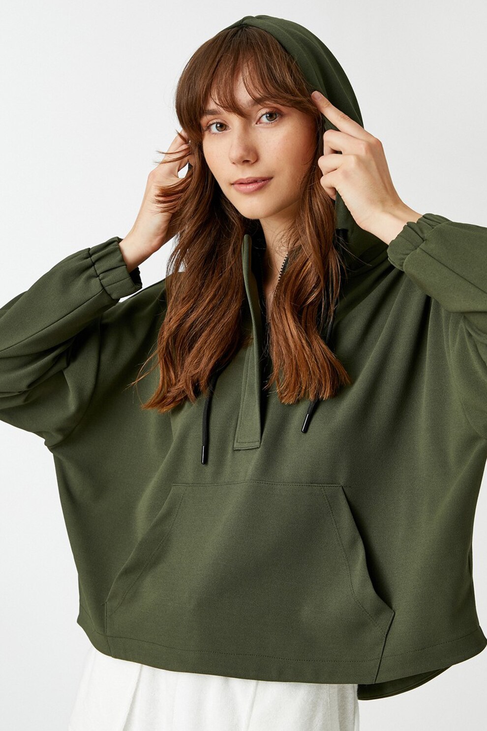 KOTON, Hanorac cu model uni si buzunar kangaroo, Verde militar