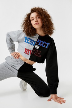 KOTON, Bluza sport in doua tonuri cu imprimeu text, Negru/Gri melange KOTON, Bluza sport in doua tonuri cu imprimeu text, Negru/Gri melange