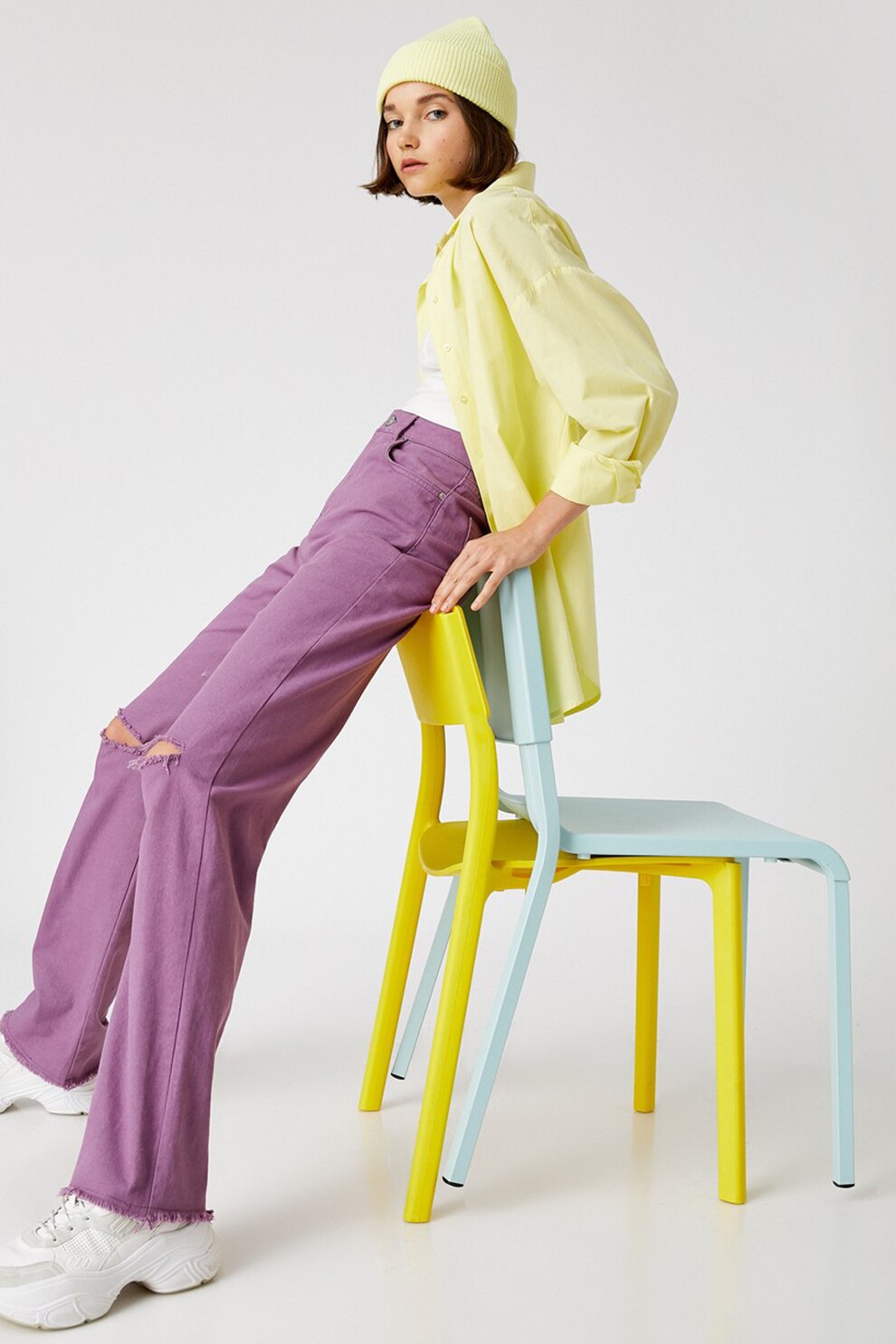 KOTON, Blugi cu talie inalta, croiala ampla si rupturi decorative, Lila