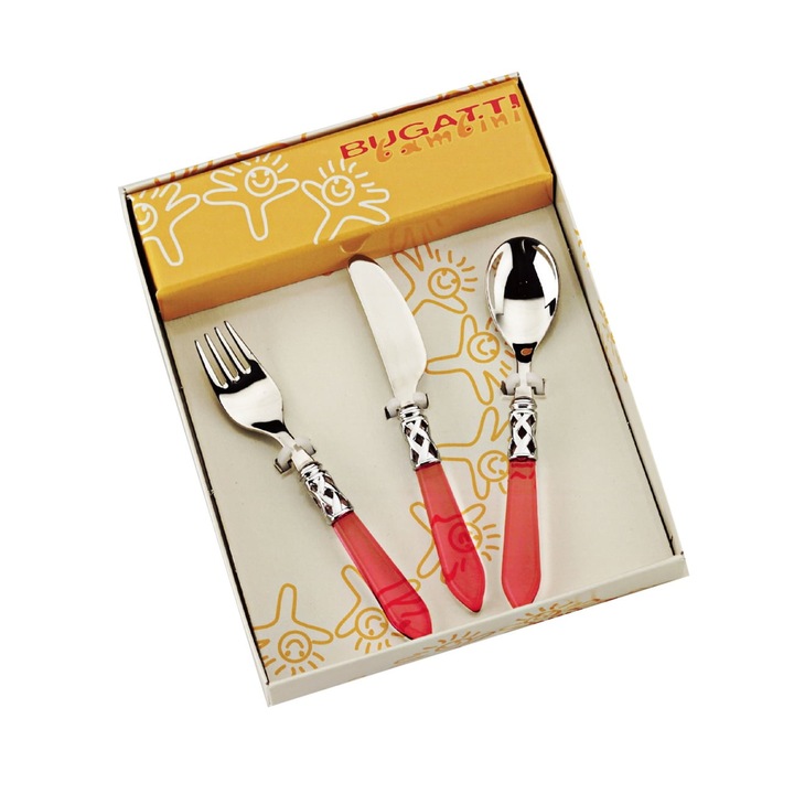 Детски комплект прибори за хранене, Casa Bugatti, 3 части, премиум, елегантен дизайн, неръждаема стомана, червен