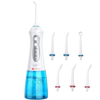 Irigator bucal si oral profesional Horigen® Extra Dental, 1800 pulsatii/m, 110 Psi, portabil, 3 moduri de lucru, timer, acumulator 1400mAh, 6 duze incluse, tehnologie Easy Flow, 300 ml, alb Irigator bucal si oral profesional Horigen® Extra Dental, 1800 pulsatii/m, 110 Psi, portabil, 3 moduri de lucru, timer, acumulator 1400mAh, 6 duze incluse, tehnologie Easy Flow, 300 ml, alb