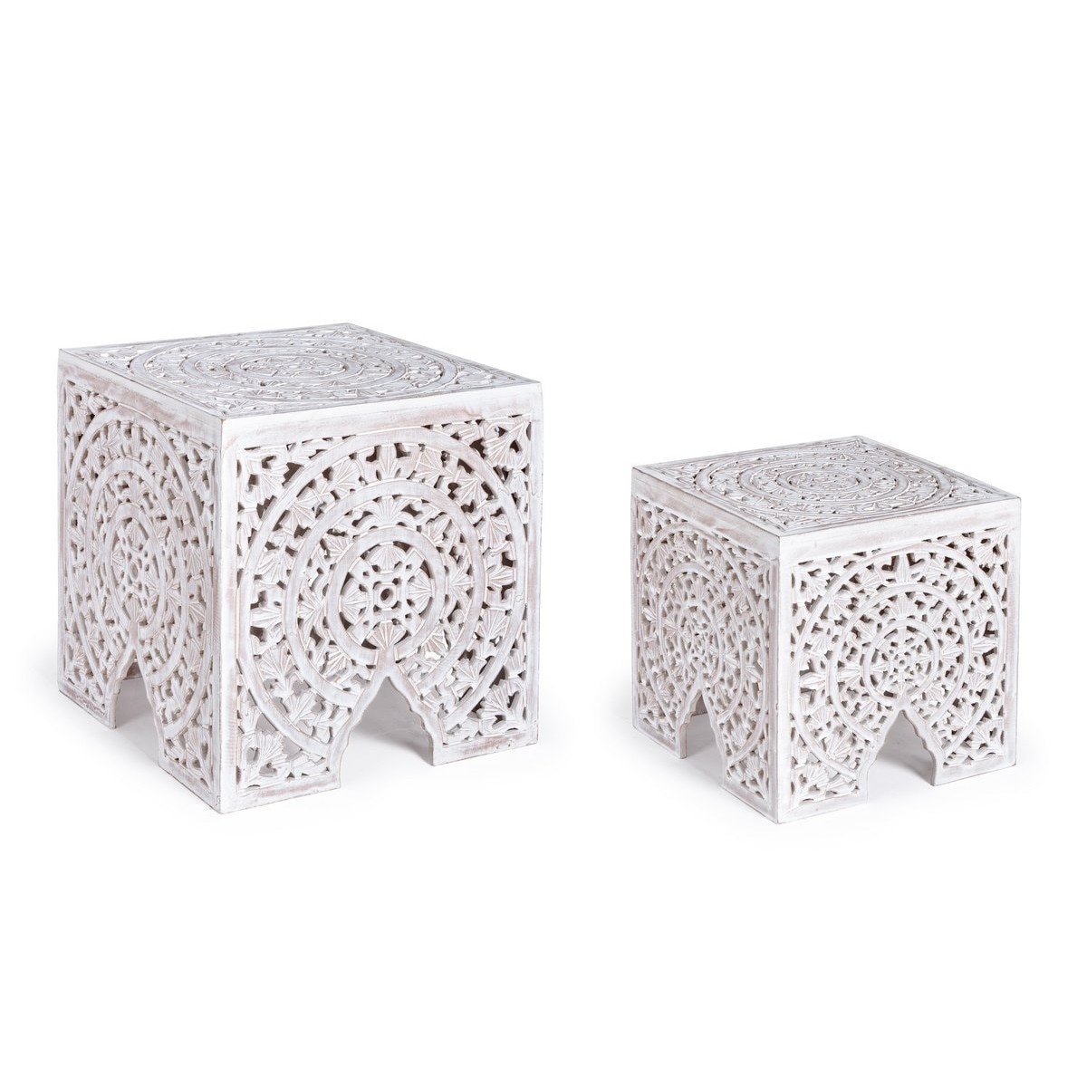 Set 2 masute cafea din lemn alb antichizat Kiran 40 cm x 40 cm x 40 h; 30 cm x 30 cm x 30 h