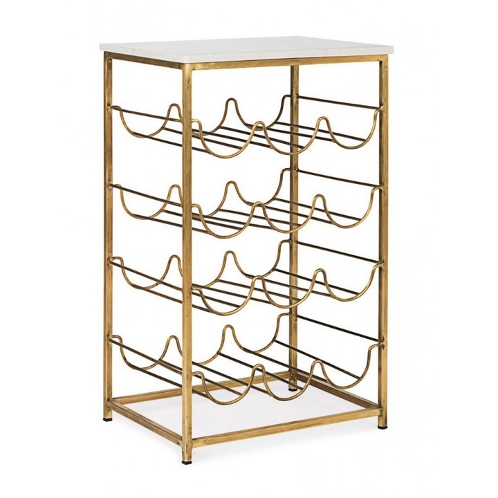 Suport sticle vin din fier auriu si blat marmura alba Marmol 39 cm x 29 cm x 65 h