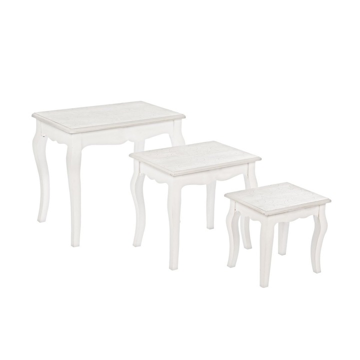 Комплект от 3 маси от патинирано бяло дърво Clorine 30 см x 24 см x 29 в; 41 cm x 31 cm x 38 h; 53 см x 35 см x 47 в