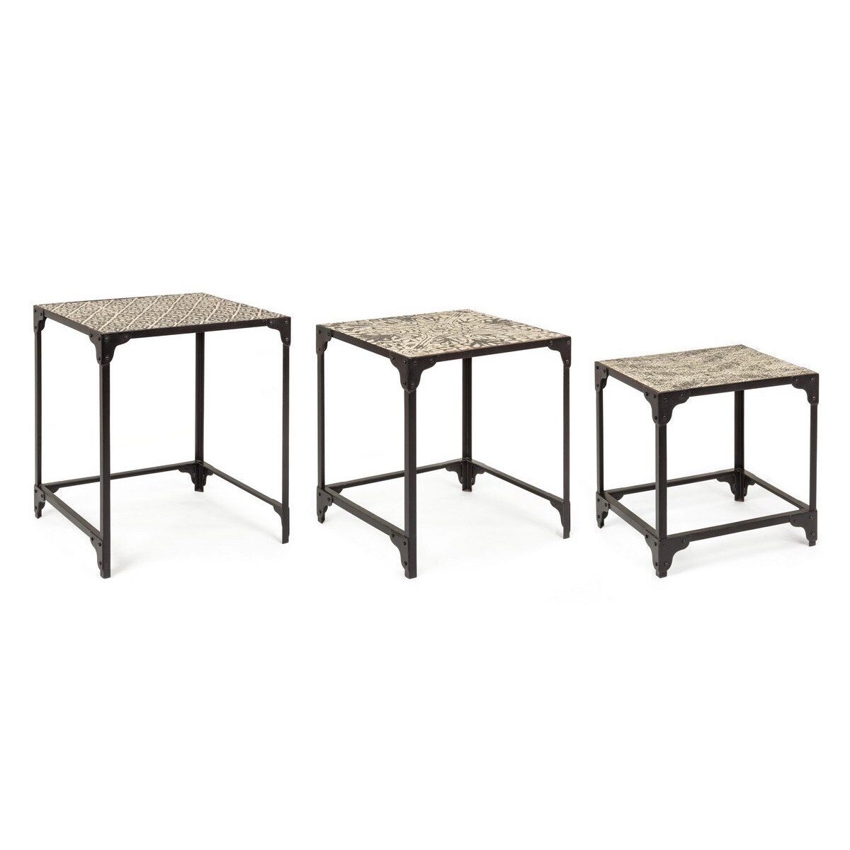 Set 3 masute din fier cu blat din lemn maro crem Persian 51 cm x 46 cm x 60 h