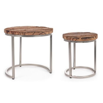 Set 2 masute de cafea cadru din nichel argintiu si blat lemn maro Rafter Ø 36 cm x 43 h; Ø 52 cm x 51 h Set 2 masute de cafea cadru din nichel argintiu si blat lemn maro Rafter Ø 36 cm x 43 h; Ø 52 cm x 51 h