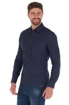 Lee Cooper, Camasa slim fit cu model si guler fixat cu nasturi, Bleumarin, 2XL Lee Cooper, Camasa slim fit cu model si guler fixat cu nasturi, Bleumarin, 2XL