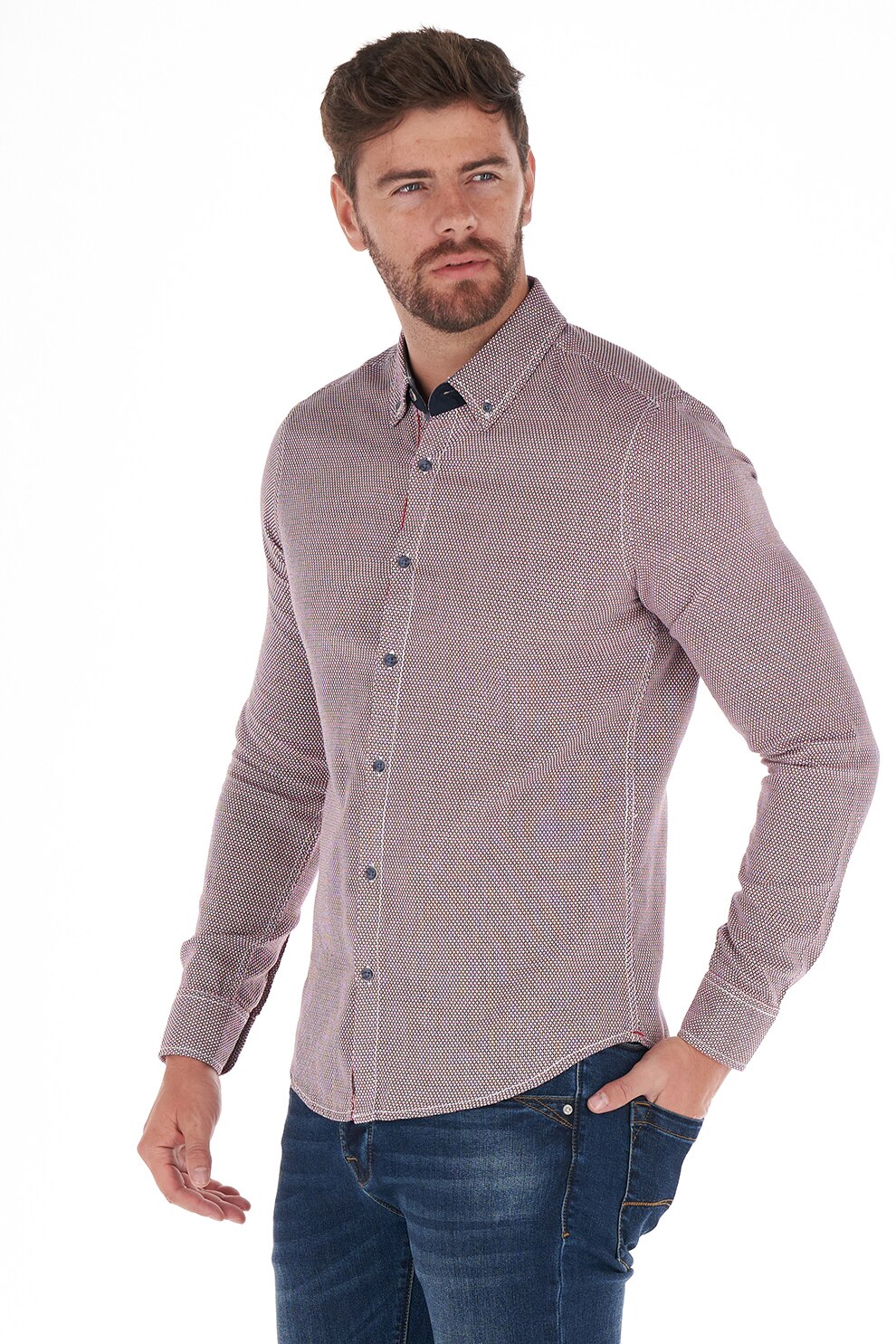 Lee Cooper, Camasa slim fit de bumbac cu guler fixat cu nasturi, Rosu/Bleumarin, 2XL