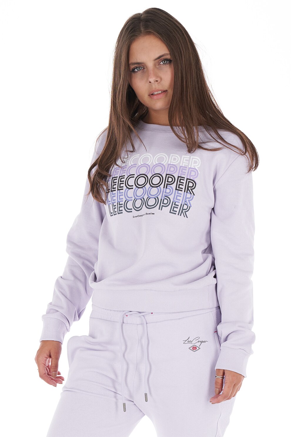 Lee Cooper, Bluza sport cu decolteu la baza gatului si imprimeu logo, Violet deschis