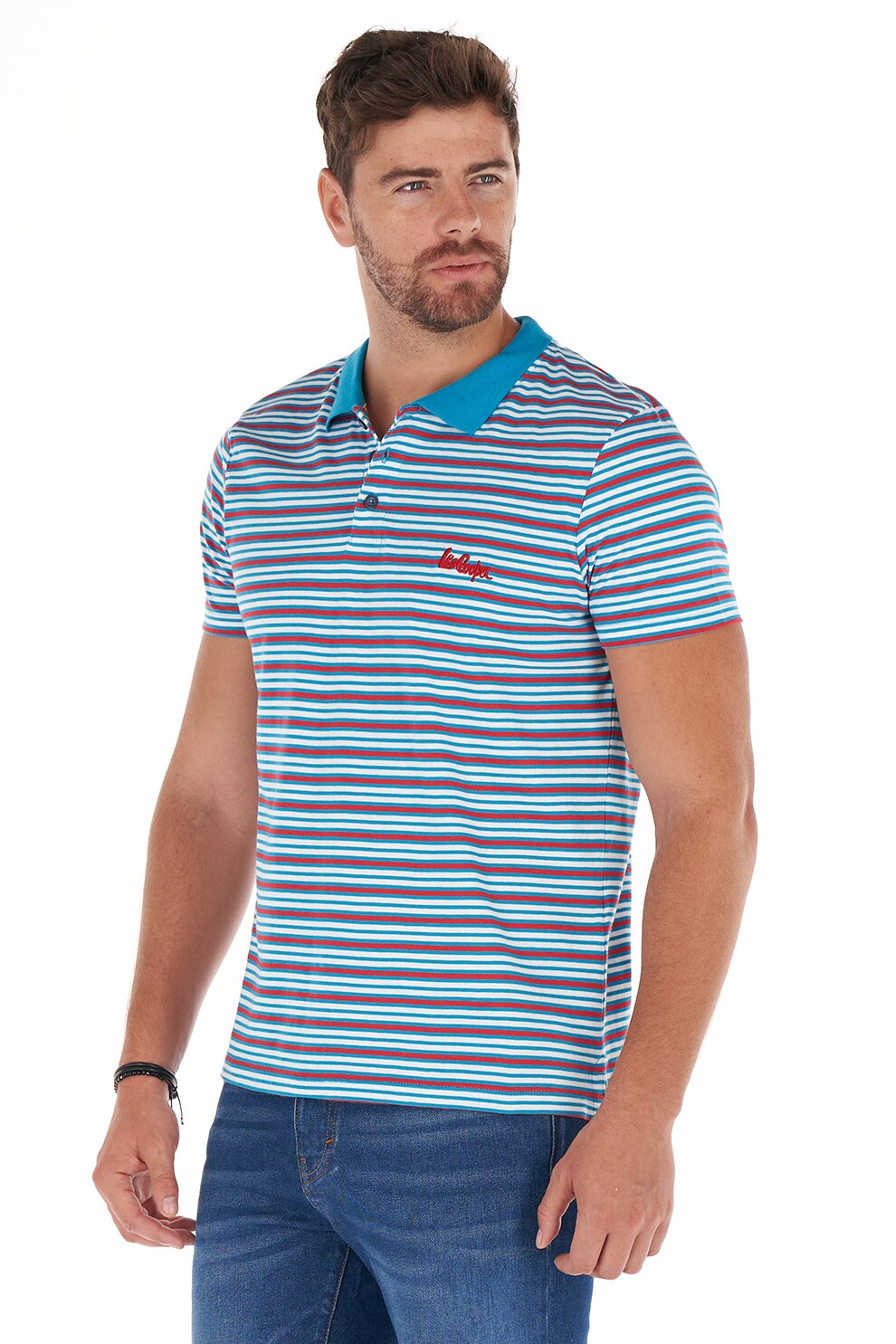 Lee Cooper, Tricou polo de bumbac cu dungi, Albastru/Rosu