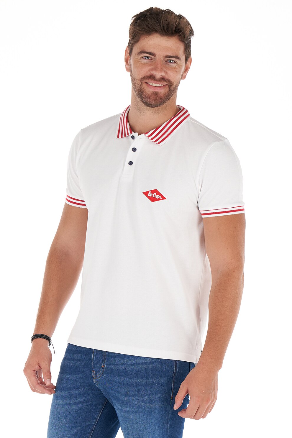 Lee Cooper, Tricou polo cu detalii contrastante, Alb/Rosu
