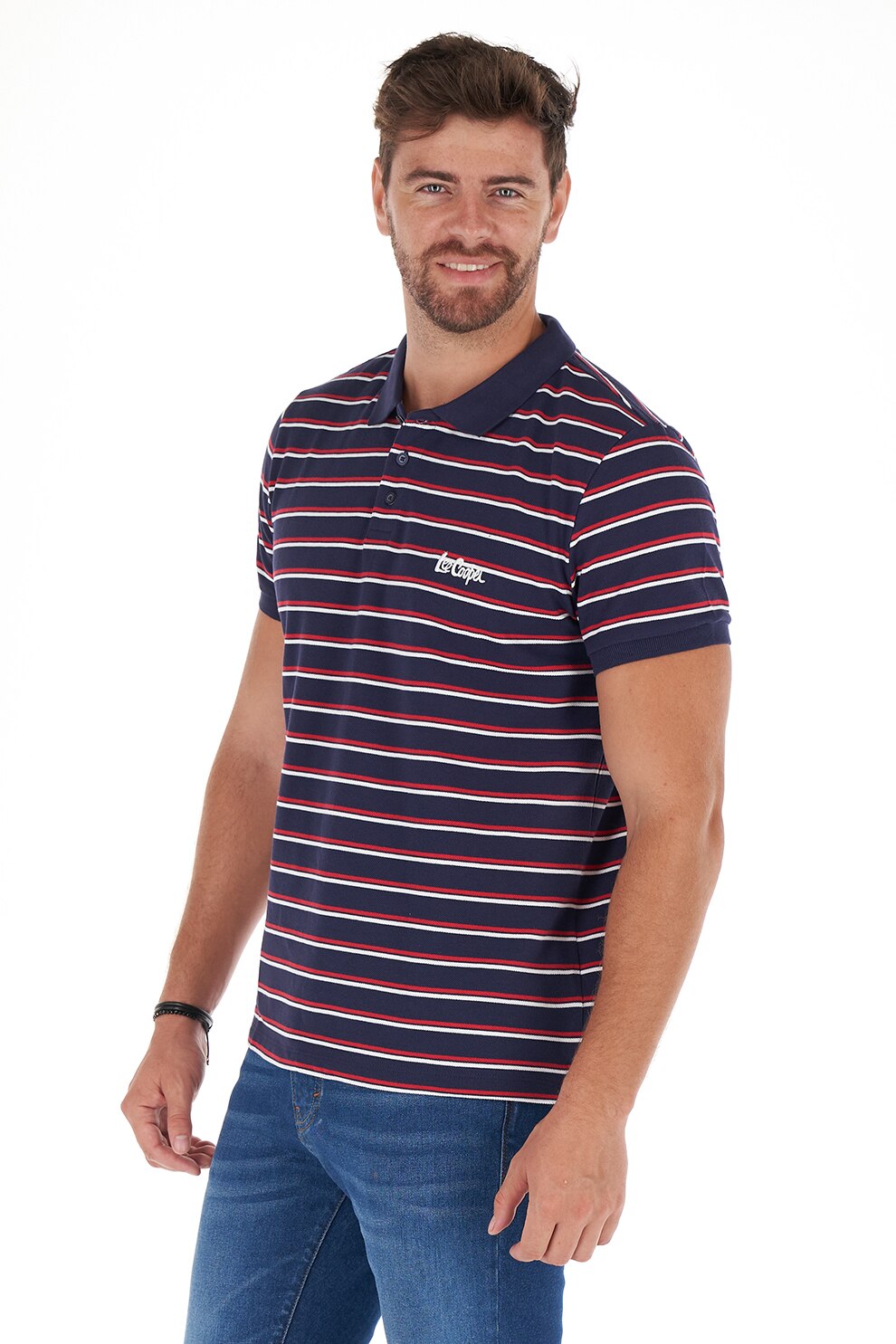 Lee Cooper, Tricou polo de bumbac cu dungi, Bleumarin/Rosu