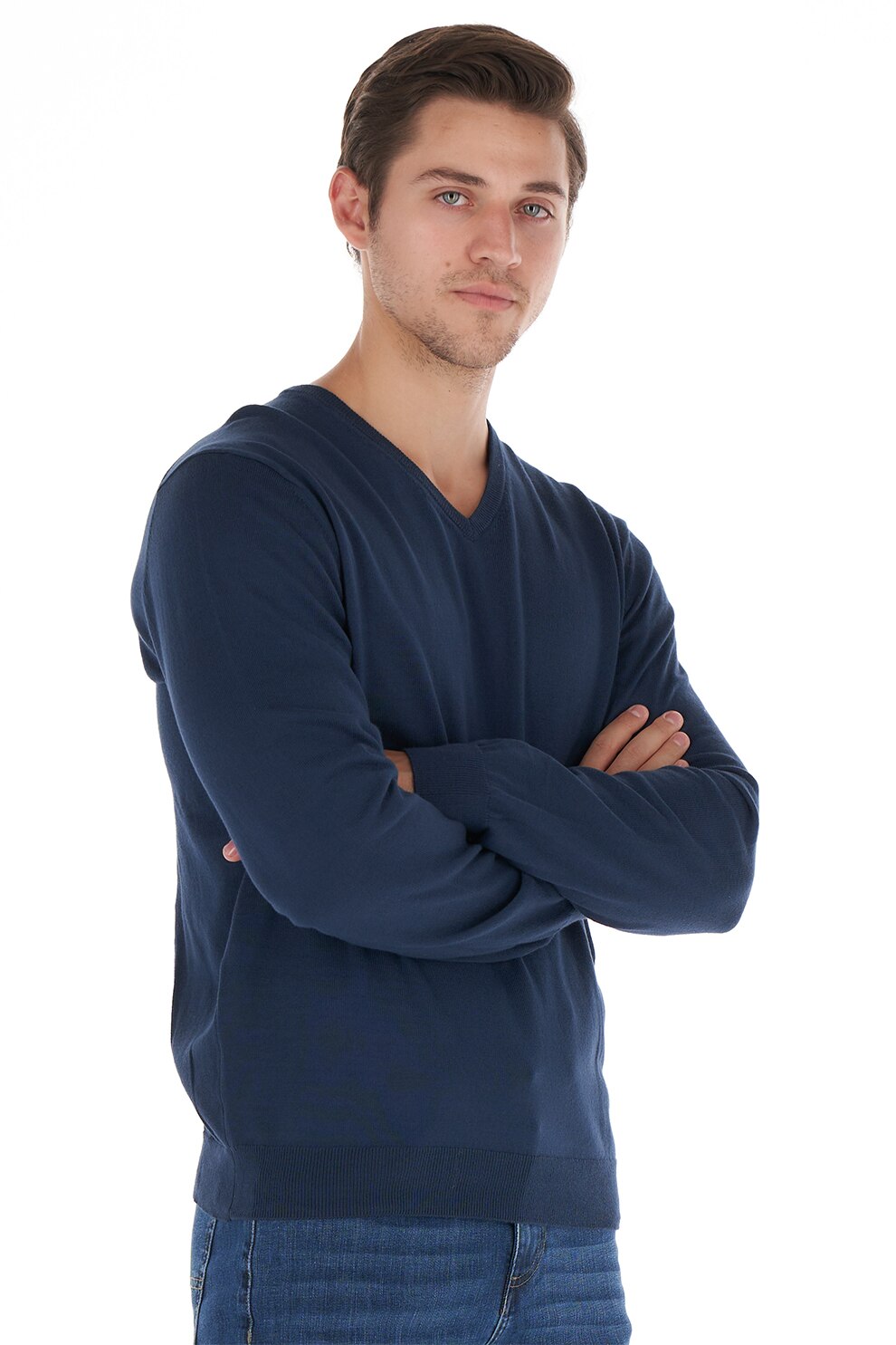 Kenvelo, Pulover de bumbac cu decolteu in V si terminatii striate, Bleumarin