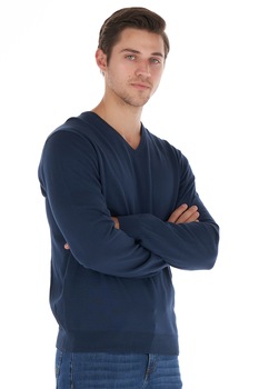 Kenvelo, Pulover de bumbac cu decolteu in V si terminatii striate, Bleumarin Kenvelo, Pulover de bumbac cu decolteu in V si terminatii striate, Bleumarin