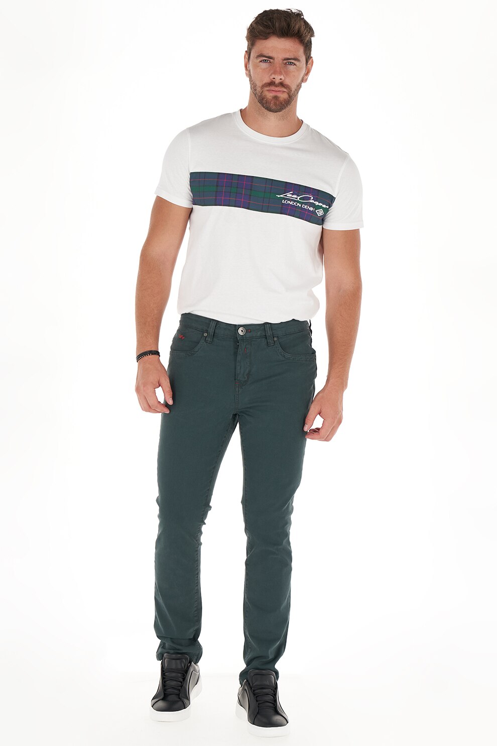 Lee Cooper, Blugi cu talie medie si logo, Albastru petrol, W34-L32