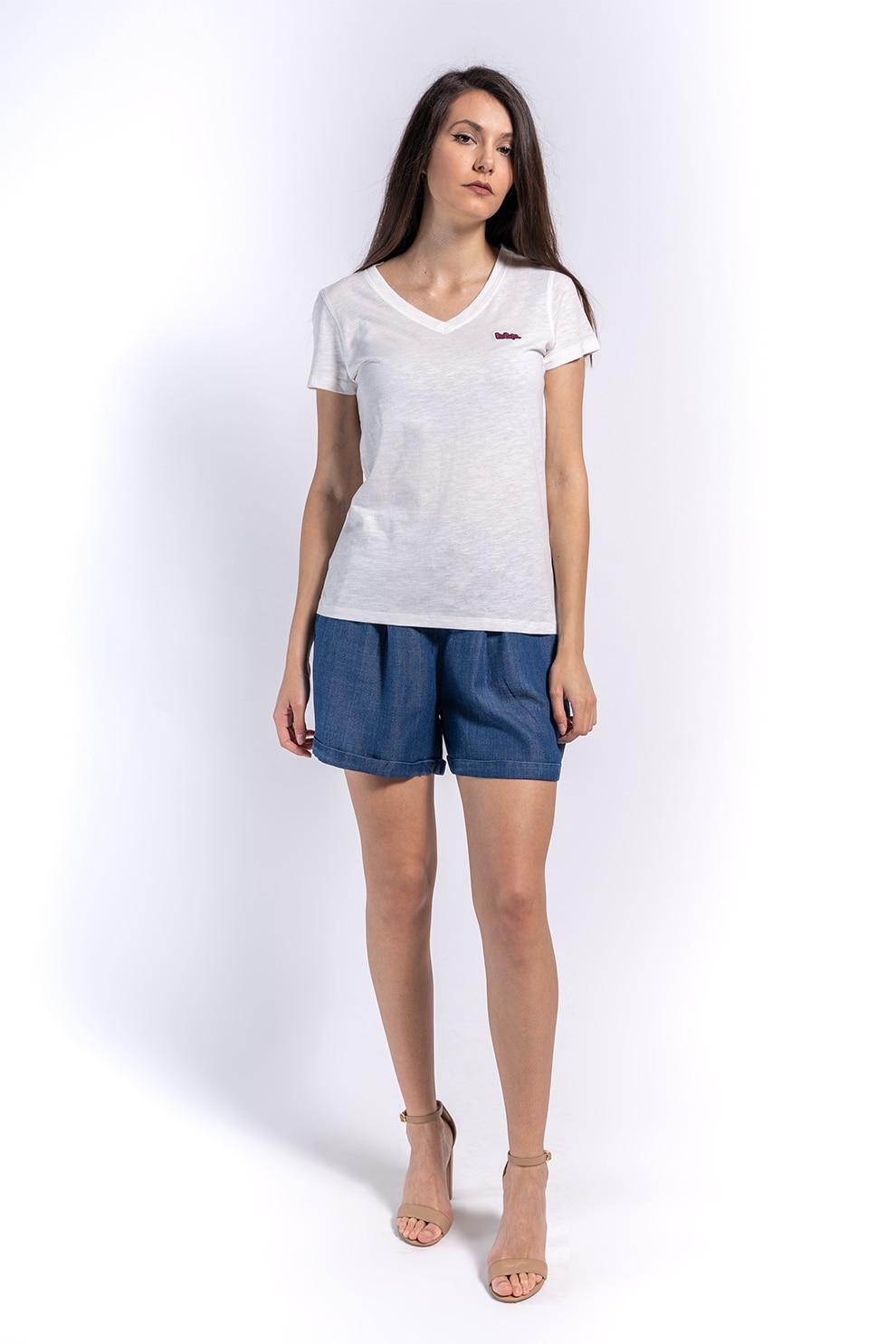 Lee Cooper, Tricou cu decolteu in V si logo brodat, Alb prafuit
