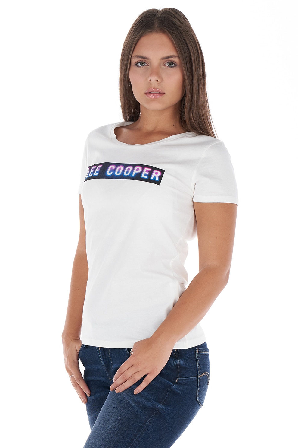 Lee Cooper, Tricou de bumbac cu imprimeu logo, Alb/Bleumarin
