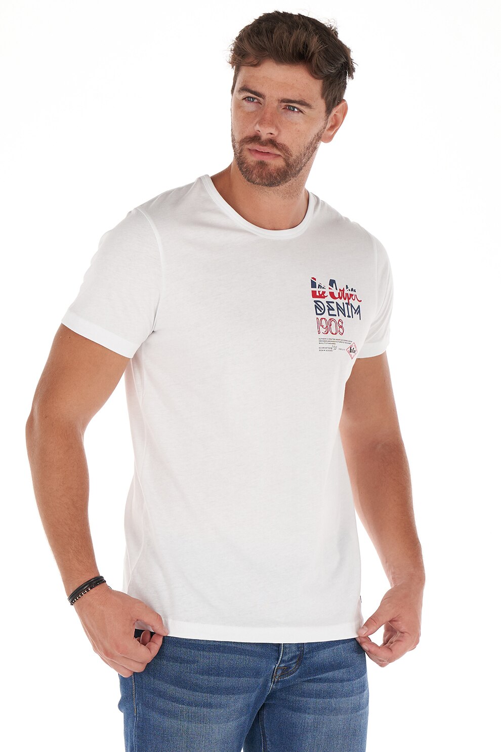 Lee Cooper, Tricou de bumbac cu imprimeu logo si text, Alb